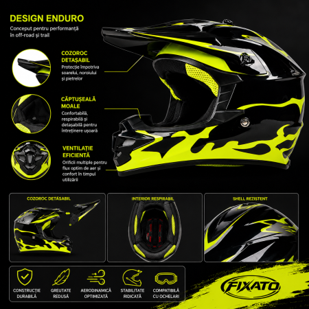 Casca Moto/Enduro FIXATO, Interior Confortabil, Ventilatie Multipla, pentru Moto, Cross, Enduro, ATV, Dirt Bike, Galben Neon,  L 53-54cm [1]