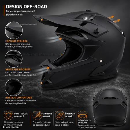 Casca Moto/Enduro, Interior Confortabil, Ventilatie Multipla, pentru Motociclete, Cross, Enduro, ATV, Dirt Bike, FIXATO,  Marime M, Negru [1]