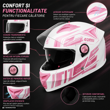 Casca Moto/Scuter FIXATO Phantom, Protectie UV, Viziera Dubla, Ventilatie buna si permeabilitate la aer, Marime universala 59-62 cm, Alb Roz [1]