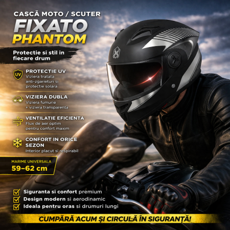Casca Moto/Scuter FIXATO Phantom, Protectie UV, Viziera Dubla, Ventilatie buna si permeabilitate la aer, Marime universala 59-62 cm, Negru Argintiu [1]