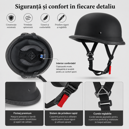 Casca Moto/Scuter FIXATO Retro German, Interior Confortabil, Prindere rapida, Negru Mat [1]