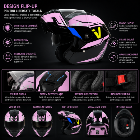 Casca Moto/Scuter Flip-Up FIXATO Nova, Viziera Dubla, Protectie UV, Roz, M 57-58cm [2]