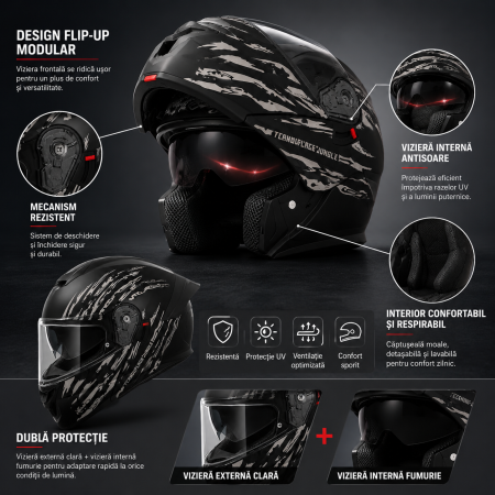 Casca Moto/Scuter Flip-Up FIXATO Viper, Viziera Dubla, Protectie UV, Modulabila, Negru Camo, Marime 57-59cm [1]