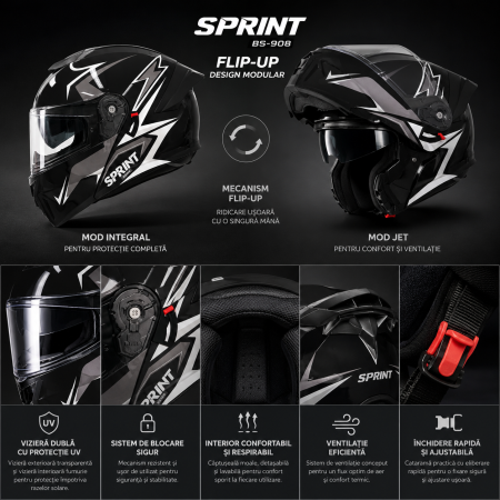 Casca Moto/Scuter Flip-Up FIXATO Viper, Viziera Dubla, Protectie UV, Modulabila, Negru Metal, Marime 57-59cm [1]