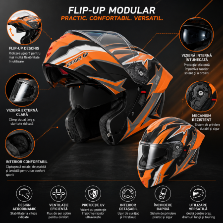Casca Moto/Scuter Flip-Up FIXATO Viper, Viziera Dubla, Protectie UV, Modulabila, Portocaliu, Marime 57-59cm [1]