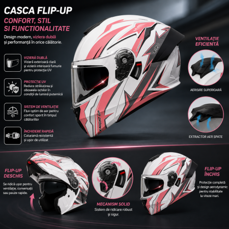 Casca Moto/Scuter Flip-Up FIXATO Viper, Viziera Dubla, Protectie UV, Modulabila, Roz, Marime 57-59cm [1]