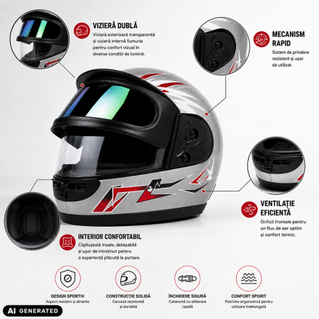 Casca Moto/Scuter Full Face FIXATO, Viziera Dubla, Marime Universala 59-62cm, Gri cu Rosu [1]