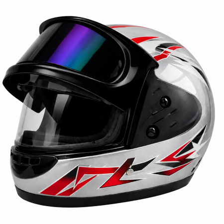 CASTI INTEGRALE - Casca Moto/Scuter Full Face FIXATO, Viziera Dubla, Marime Universala 59-62cm, Gri cu Rosu