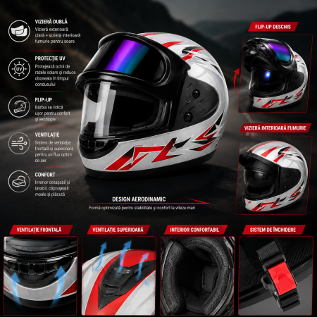 Casca Moto/Scuter Full Face FIXATO, Viziera Dubla, Marime Universala 59-62cm, Gri cu Rosu [1]