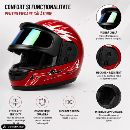 Casca Moto/Scuter Full Face FIXATO, Viziera Dubla, Marime Universala 59-62cm, Rosu [2]