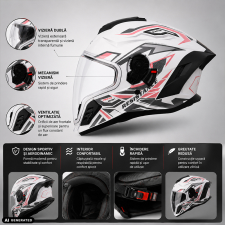 Casca Moto/Scuter Integrala FIXATO Raptor, Protectie UV, Viziera Dubla, Design Sportiv, Alb cu Roz, L 59-60cm [2]