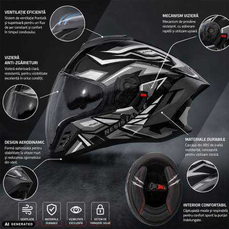 Casca Moto/Scuter Integrala FIXATO Raptor, Protectie UV, Viziera Dubla, Design Sportiv, Negru cu Gri, L 59-60cm [1]