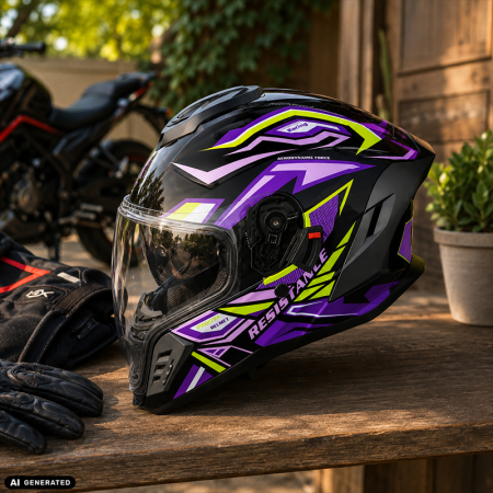 Casca Moto/Scuter Integrala FIXATO Raptor, Protectie UV, Viziera Dubla, Design Sportiv, Negru cu Mov, L 59-60cm [3]