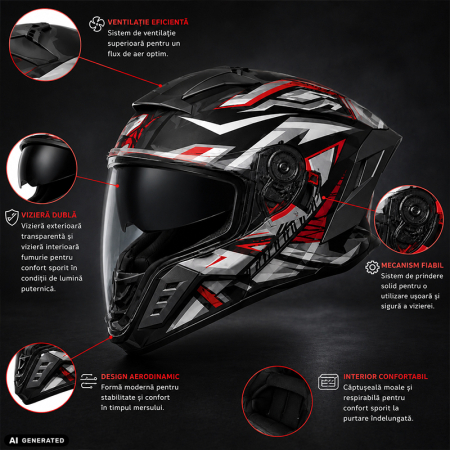 Casca Moto/Scuter Integrala FIXATO Raptor, Protectie UV, Viziera Dubla, Design Sportiv, Negru cu Rosu, L 59-60cm [1]