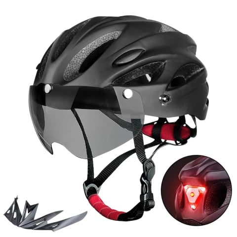 Casti de protectie - Casca Protectie Bicicleta, FIXATO, Cu LED lumina spate, Trei moduri luminoase, Viziera Detasabila, Aerodinamica, Dimensiune reglabila, Circumferinta 58-62, Negru