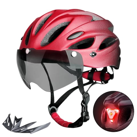 Casti de protectie - Casca Protectie Bicicleta, FIXATO, Cu LED lumina spate, Trei moduri luminoase, Viziera Detasabila, Aerodinamica, Dimensiune reglabila, Circumferinta 58-62, Rosu