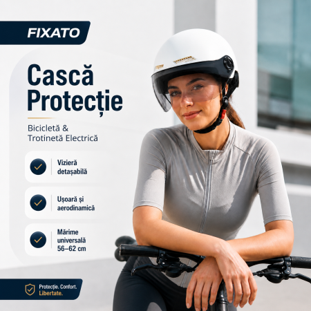 Casca Protectie Bicicleta/Trotineta Electrica FIXATO,  Viziera Detasabila, Usoara si Aerodinamica, Marime Universala 56-62 cm, Alba [1]