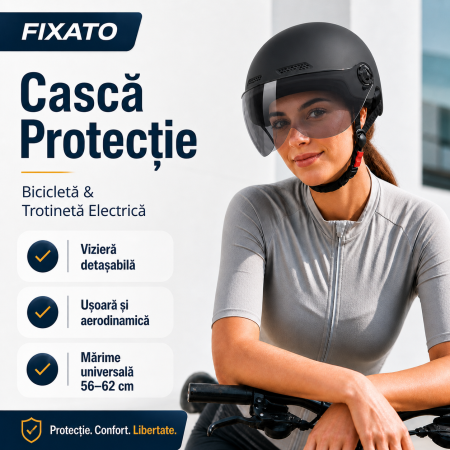 Casca Protectie Bicicleta/Trotineta Electrica FIXATO,  Viziera Detasabila, Usoara si Aerodinamica, Marime Universala 56-62 cm, Negru [1]