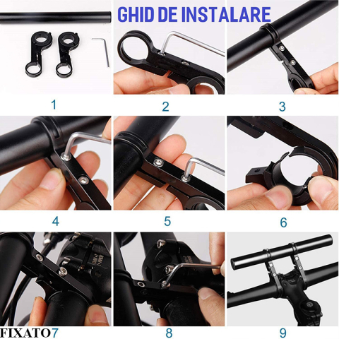 Extensie Ghidon Bicicleta, Trotineta Electrica, Scuter, Suport telefon, Pedometru, Claxon, 20 cm, include Banda Cauciuc anti-zgariere ghidon, FIXATO, Negru [9]