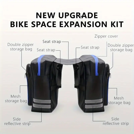 Geanta Dubla pentru Bicicleta, Poliester Rezistent, Curele Reglabile, Benzi Reflectorizante, Depozitare Extensibilă pentru Biciclete, FIXATO, Negru [2]