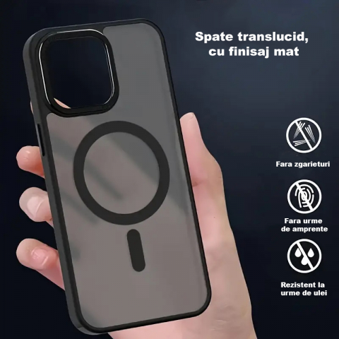 Husa de protectie compatibila cu iPhone 16 Pro, MagSafe, Impermeabil, Antizgarieturi, Anticadere, Semi-Transparenta cu Textura Mata, Neagra [3]