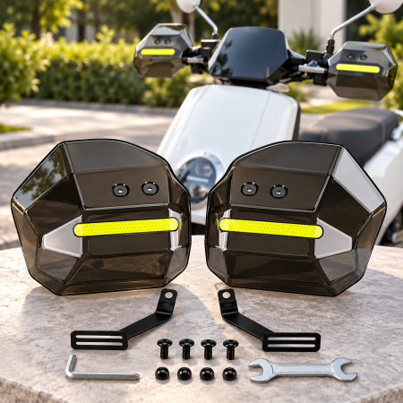 Manusi pentru Ghidon - Set 2 x Aparatori Maini Universale pentru Motocicleta, Scuter, ATV, Quad Buggy, FIXATO, Protectii Ghidon cu Insertii Reflectorizante, Handguard-uri pentru Protectie Vant, Frig si Intemperii, Negru