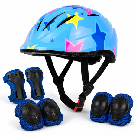 CASTI COPII - Set Protectie pentru Copii FIXATO 7 in 1, Casca pentru 3-8 ani, Genunchiere, Cotiere, Aparatori Incheieturi, pentru Bicicleta, Trotineta, Role, Marimea XS, Albastru