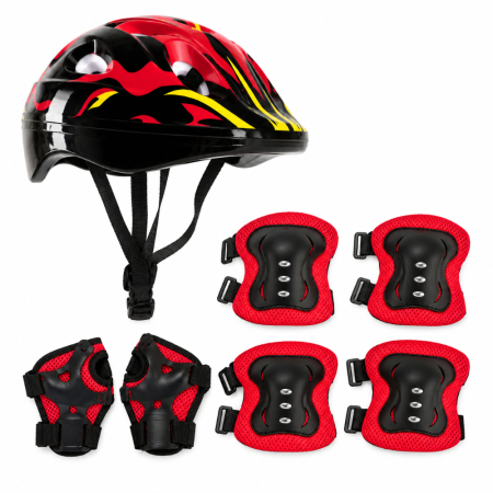 CASTI COPII - Set Protectie pentru Copii FIXATO, Casca 7 in 1 pentru 3-14 ani, Genunchiere, Cotiere, Aparatori Incheieturi, pentru Bicicleta, Role, Negru cu Rosu