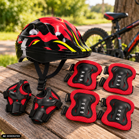 Set Protectie pentru Copii FIXATO, Casca 7 in 1 pentru 3-14 ani, Genunchiere, Cotiere, Aparatori Incheieturi, pentru Bicicleta, Role, Negru cu Rosu [4]