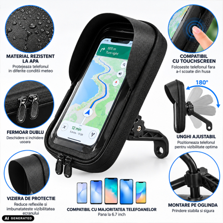 Suport de telefon, rezistent la apa, pentru Bicicleta/Motocicleta/Scuter/Trotineta, FIXATO, Prindere pe Oglinda, Negru [3]