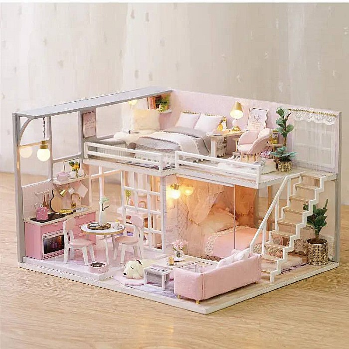 Căsuță de Asamblat în Miniatură DIY Casa Roz cu Iluminare LED [2]