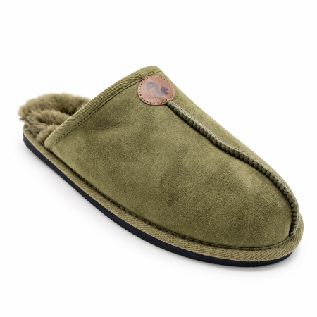 Papuci & Botoșei - Papuci de Casă Bărbați Grumpy Dad din Piele și Blană Naturală de Oaie, Verde Măsliniu, 45 EU
