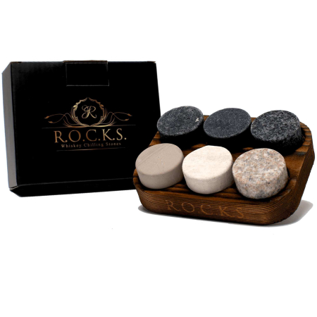 Mixologie & Bar - Set Cadou Pietre pentru Whisky R.O.C.K.S. The Original Rocks, 6 Pietre din Granit cu Suport din Lemn