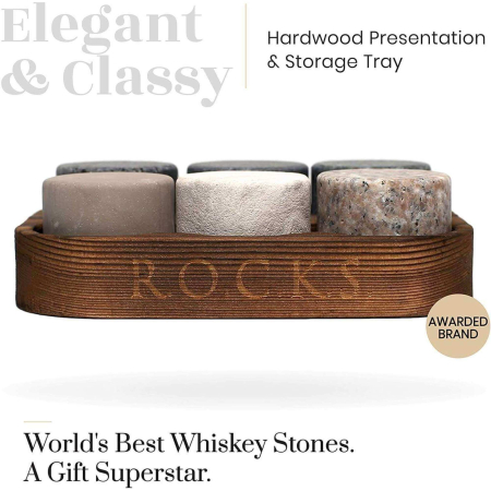 Set Cadou Pietre pentru Whisky R.O.C.K.S. The Original Rocks, 6 Pietre din Granit cu Suport din Lemn [6]