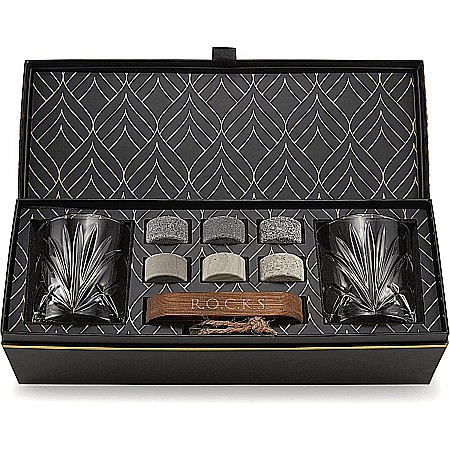 Mixologie & Bar - Set Cadou Pahare Whisky R.O.C.K.S. The Connoisseur’s Set Palm, 2 Pahare din Cristal 290 ml și Pietre din Granit