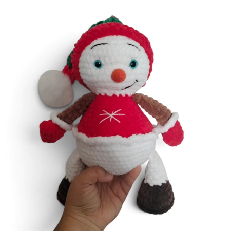 Jucarii de catifea - Om de zăpadă croșetat din catifea, decorațiune de Crăciun handmade – 34 cm