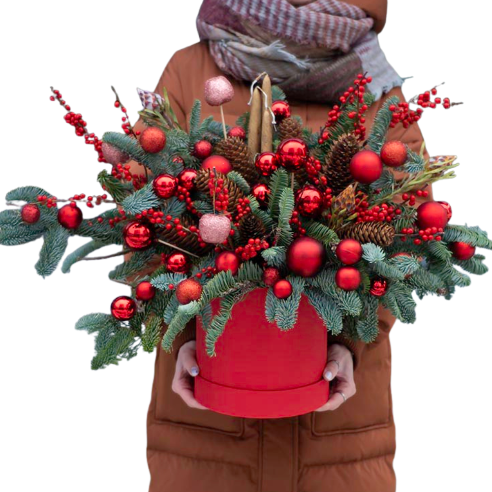 Aranjament de Crăciun în Cutie Cilindru – Roșu Festiv & Accente Naturale [1]