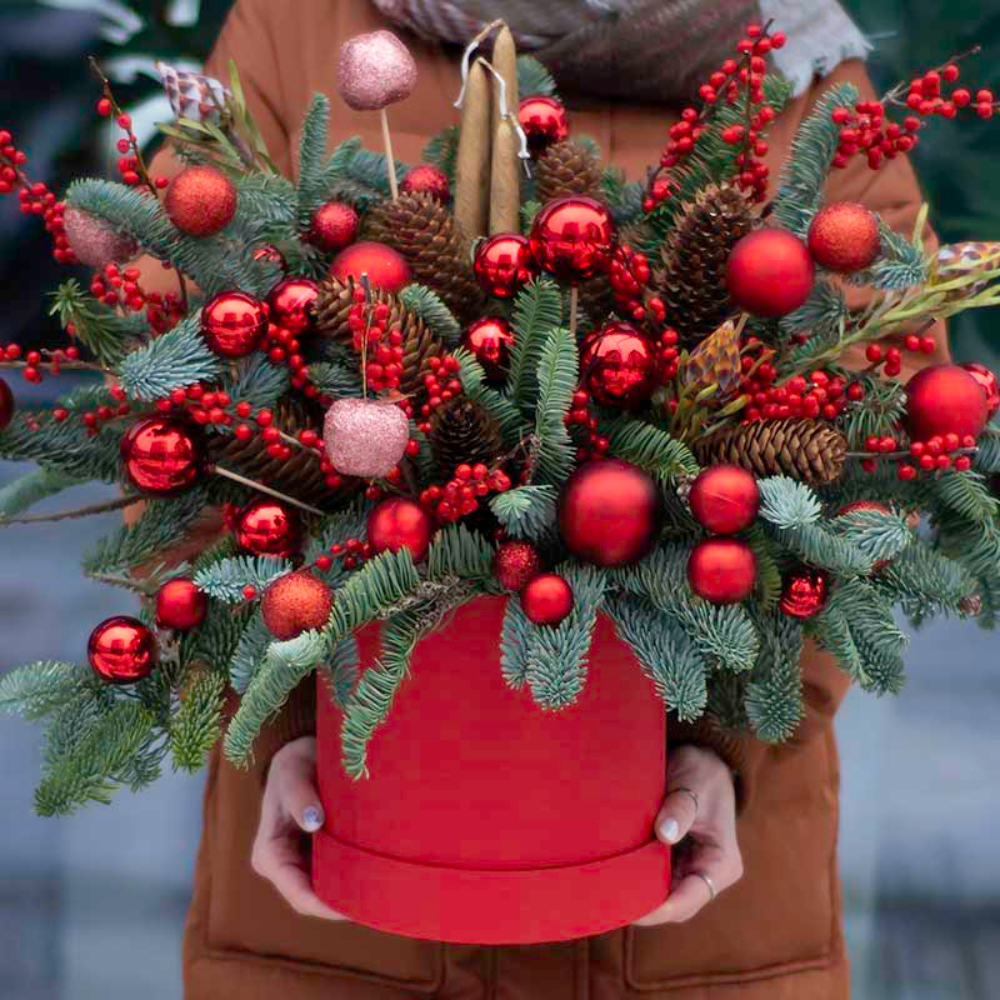 Aranjament de Crăciun în Cutie Cilindru – Roșu Festiv & Accente Naturale [2]