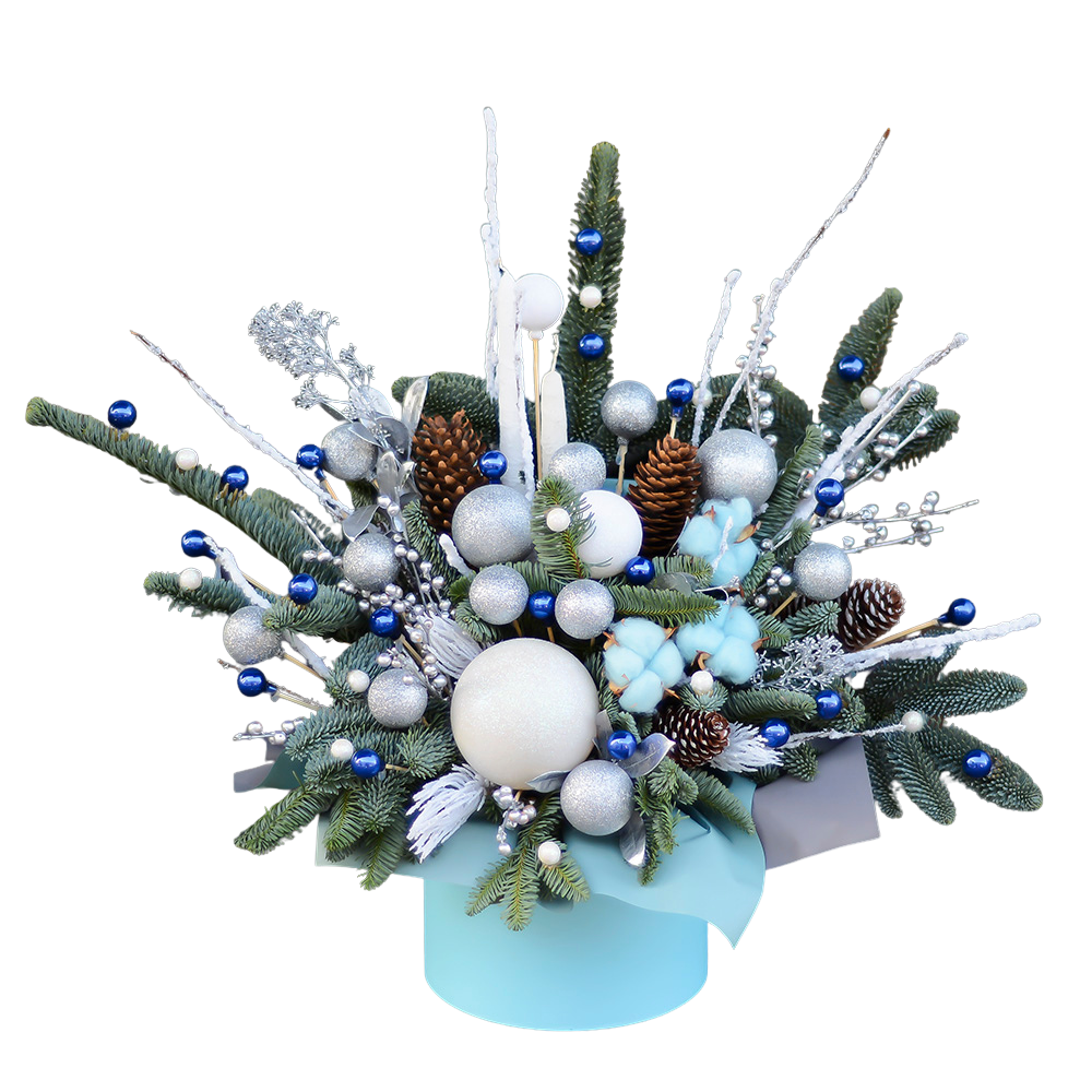 Aranjament de Crăciun în Cutie Cilindru – Argintiu & Albastru [1]