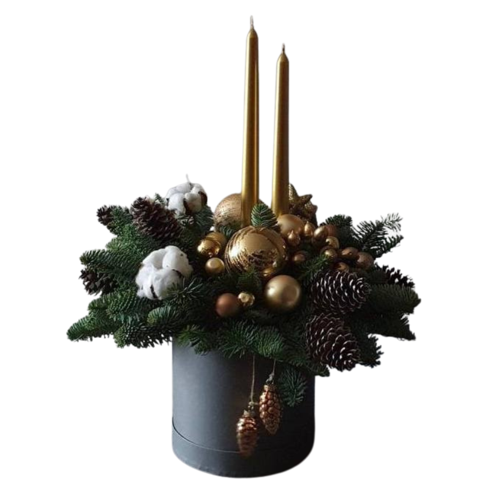 Aranjament de Crăciun în Cutie Cilindru cu Brad Argintiu și Lumânări Aurii [1]