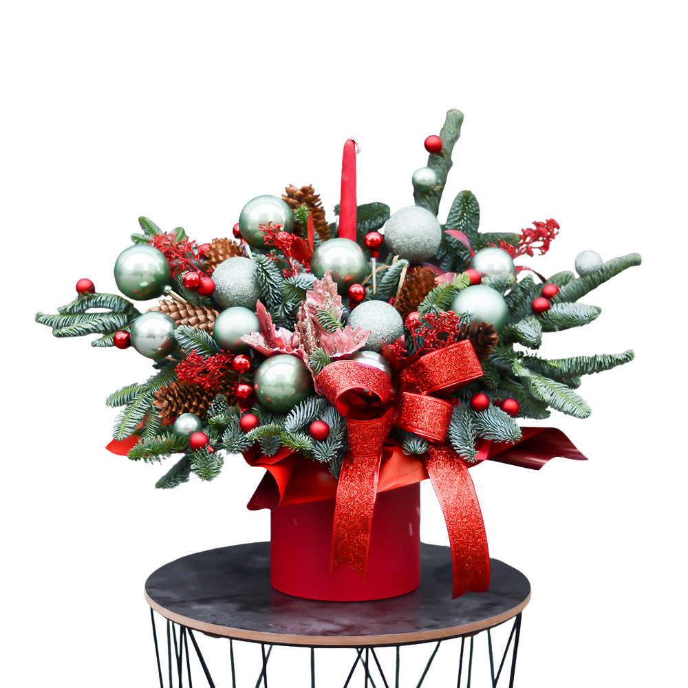 Aranjament de Crăciun în Cutie Cilindru cu Brad Argintiu și Lumânare [1]