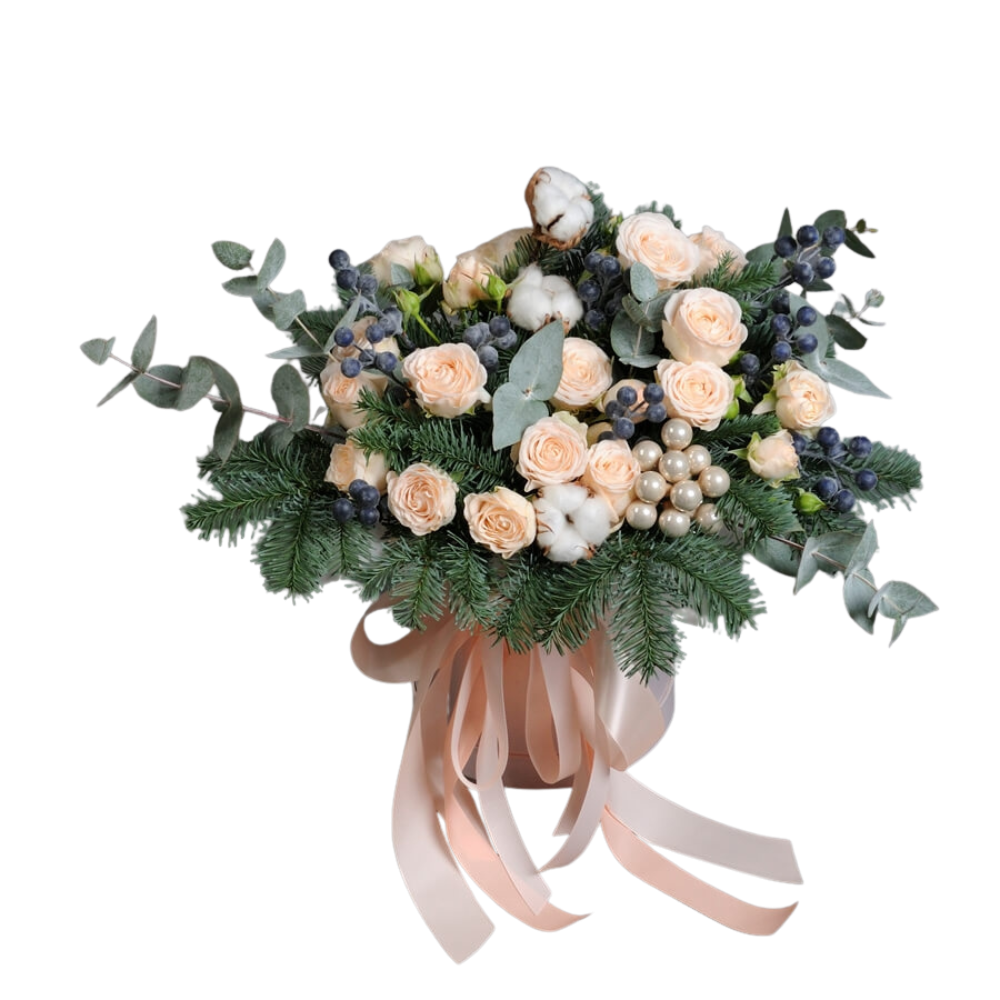 Aranjament de Iarnă cu Brad Argintiu și Trandafiri Crem [2]