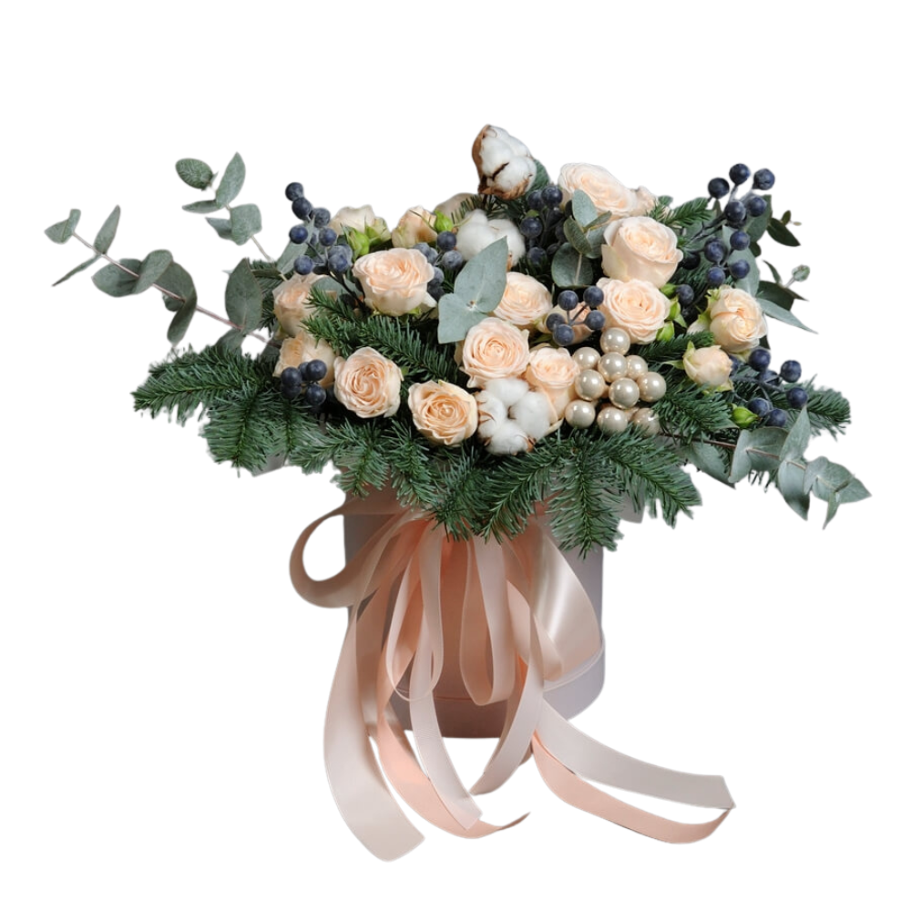 Aranjament de Iarnă cu Brad Argintiu și Trandafiri Crem [1]