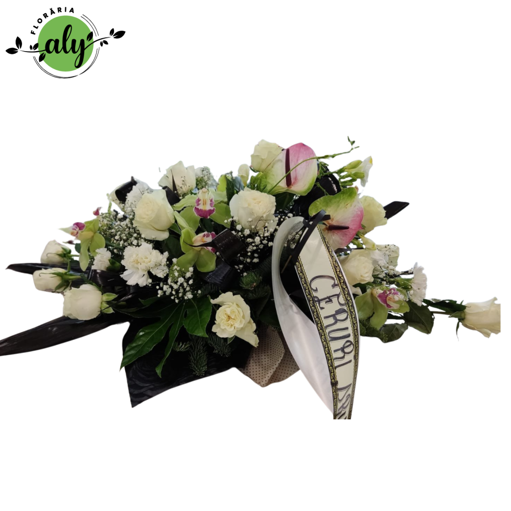 Aranjament funerar cu orhideea, athurium, trandafiri și garoafe [3]