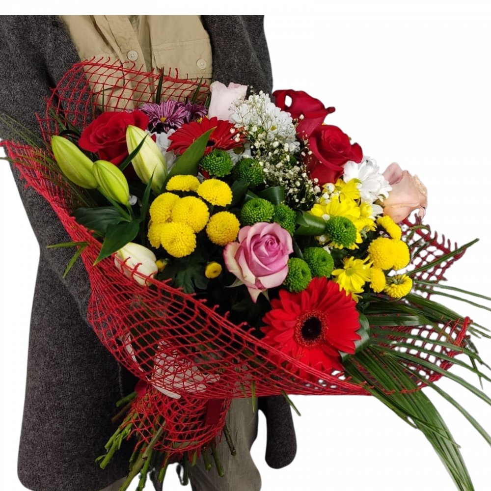 Buchet colorat cu trandafiri, crizanteme, gerbera și crin [1]