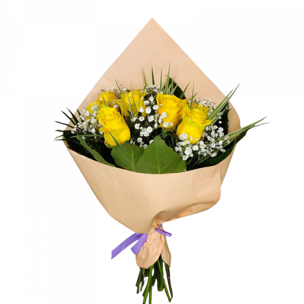 Buchet cu trandafiri galbeni și gypsophila [2]