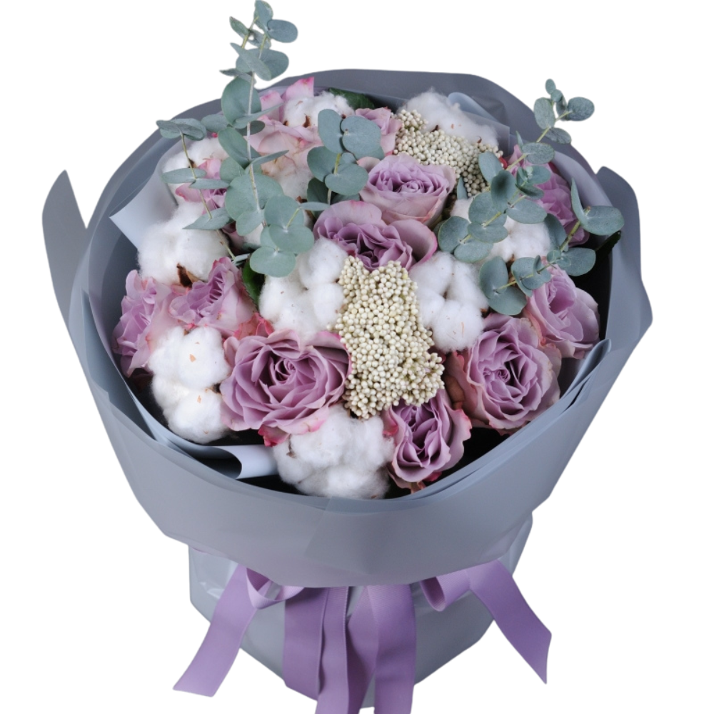 Buchet cu trandafiri mov Ocean Song, allium și flori de mătase [1]