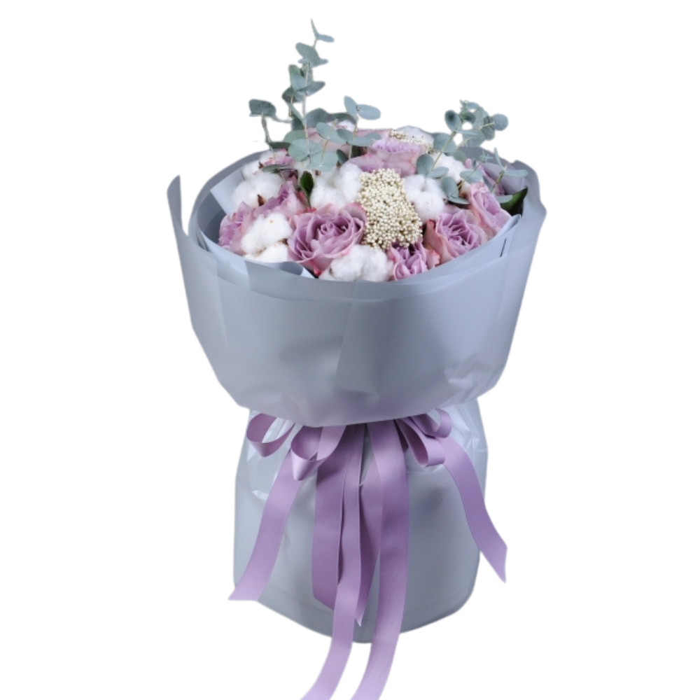 Buchet cu trandafiri mov Ocean Song, allium și flori de mătase [2]