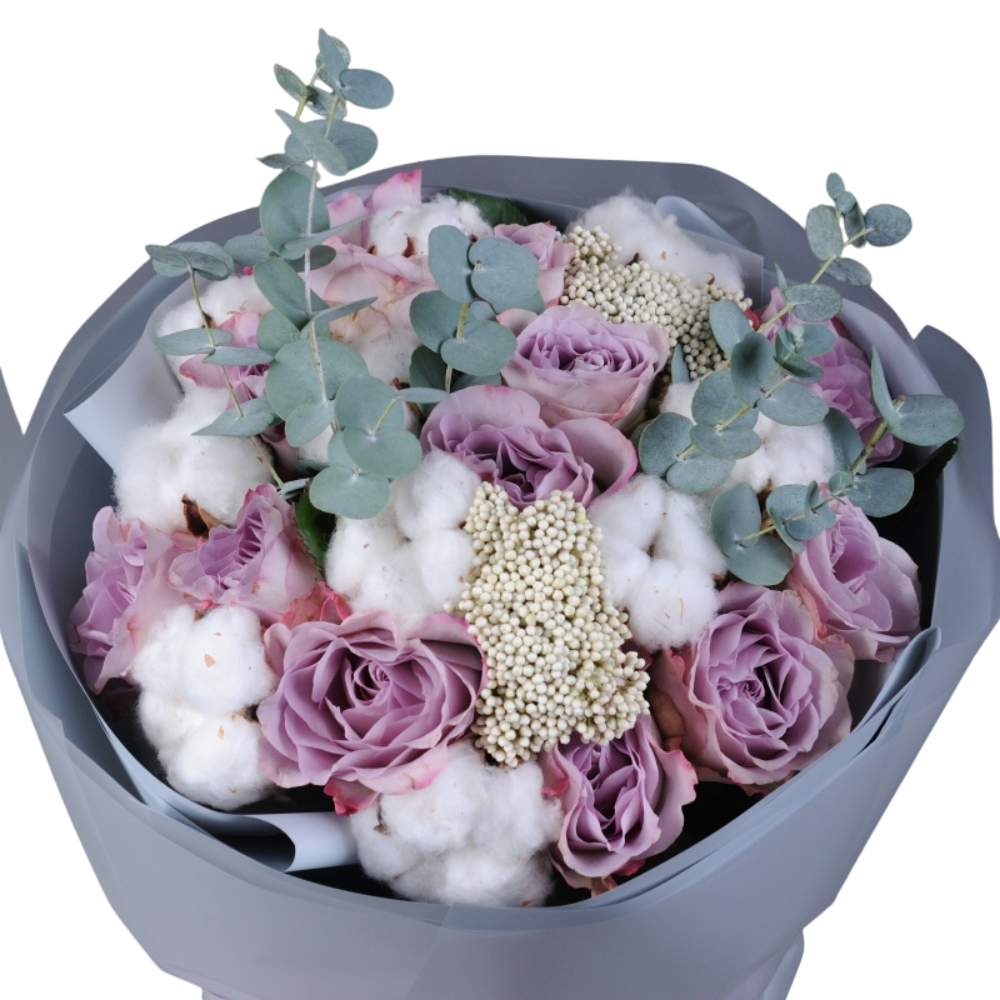 Buchet cu trandafiri mov Ocean Song, allium și flori de mătase [3]