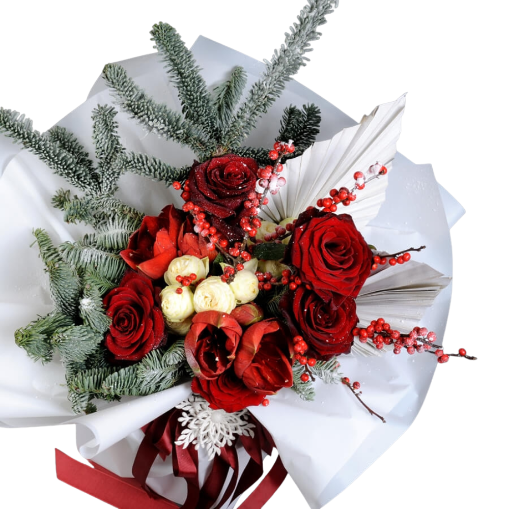 Buchet de iarnă cu trandafiri, minirose și amaryllis [2]